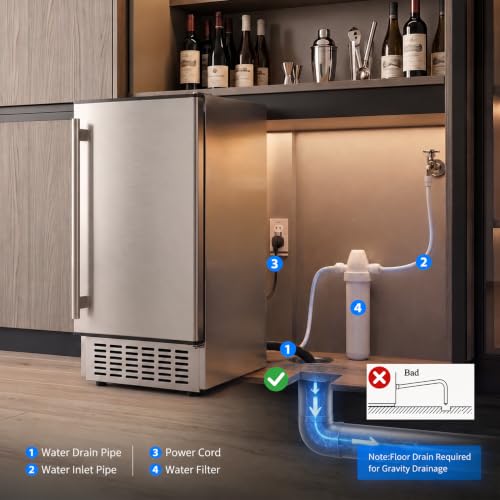 Image of Coolake 15 inch Undercounter Nugget Ice Maker Machine, 100Lbs /Day Outdoor Pebble Ice Maker with Double Ice Baskets, Stainless Steel Gravity Drainage Freestanding Built-in Ice Machine for Home Bar Kitchen