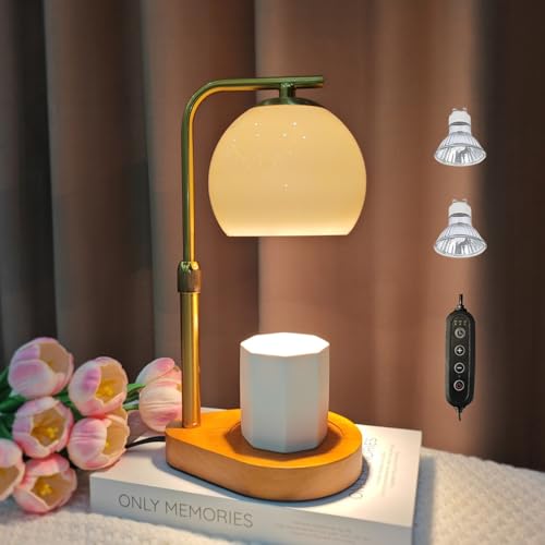 QINER Lámpara calentadora de velas, lámpara aromática con temporizador y 4 modos, sombra de cristal vintage con 2 bombillas de 50 W