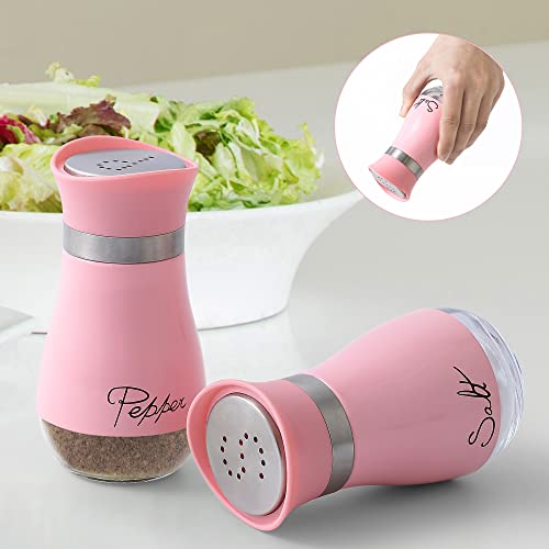 Image of Lonffery Salt and Pepper Shakers Set - Salt Containers for Gifts, Kitchen Decor, Home, RV, Camp, BBQ, 4 oz Farmhouse Spice Dispenser with Glass Bottom, Pink, Set of 2