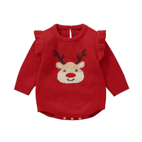 Infant Baby Girl Christmas Outfit Ruffle Long Sleeve Sweater Romper Newborn Baby Girl Reindeer Onesie Clothes