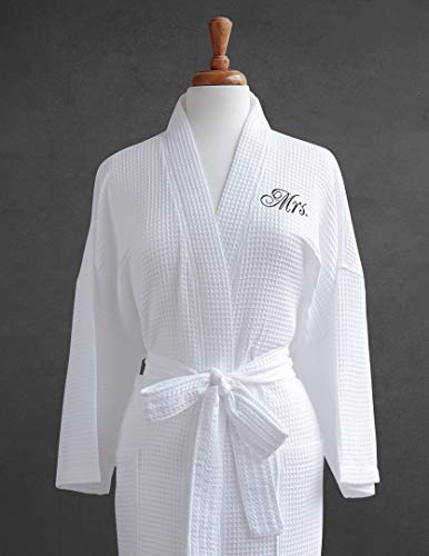 Luxor Linens Mrs. Couple's Waffle Weave Bathrobe - 100% Egyptian Cotton Unisex/One Size Fits Most Spa Robe Luxurious, Soft, Plush, Elegant Script Embroidery (Mrs.)
