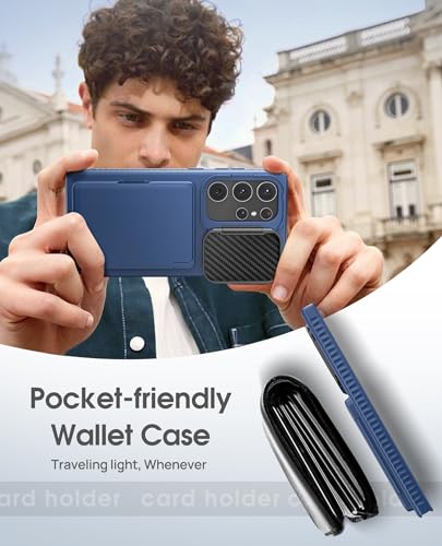 Image of Vihibii PC + Silicone For Galaxy S24 Ultra Back Cover With Card Holder(4 Cards)&Kickstand&Camera Lens Cover,Military Grade Protection Rugged Shockproof Phone Case For Samsung S24 Ultra 6.8 inch,Blue