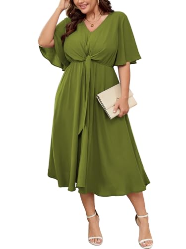 Image of SCOMCHIC Women Plus Size Midi Dresses Wedding Guest Short Sleeve V Neck Tie Waist Casual Summer Flowy A Line Dress