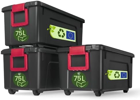 Iris Ohyama, große Kunststoff-Aufbewahrungsbox, 75 l Garagen-Aufbewahrungsbox, 3er-Set, SIA-75, schwarz, stapelbar, Verschlussklammern – B78 x T39,5 x H35 cm