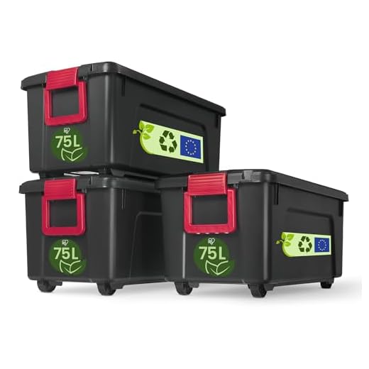 Iris Ohyama, große Kunststoff-Aufbewahrungsbox, 75 l Garagen-Aufbewahrungsbox, 3er-Set, SIA-75, schwarz, stapelbar, Verschlussklammern – B78 x T39,5 x H35 cm
