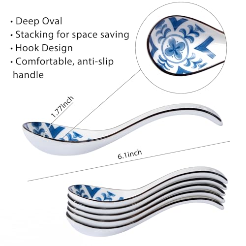 Image of Raelitego 5 /12 pcs Asian Soup Spoon, Ceramic Chinese Soup Spoons, Deep Oval Hook Non-slip Japanese Spoons for Rice Ramen Pho Miso Soup Wonton (5pcs 002)