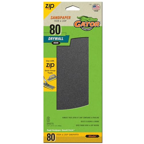 Gator 7156 Hook and Loop Medium 80-Grit Drywall Sheet Sandpaper, 4.5 x 10.5 Inch, 6 Sheets
