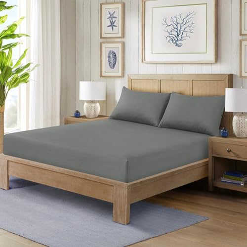 CHARKHAH Polycotton Fitted Sheet for Single Double King Super King Bed 200 Thread Count Anti Wrinkle Plain Bedding 25 cm Extra Deep Fitted Sheets Cover with Elastic Edges (Grey, Double)