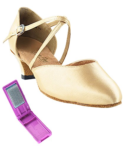 Very Fine Dance Shoes - Ladies Practice, Cuban Low Heel, Waltz Ballroom Dance Shoes - 9691-1.3-inch Heel and Foldable Brush Bundle - Light Brown Satin - 9