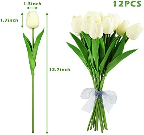 Kesote 12Pcs Milk White Artificial Tulip Flowers Real Touch Artificial Tulips Realistic Tulip Flowers Faux Tulips for Wedding Party Album Decoration & Garden Decoration DIY Craft Project - 13.4