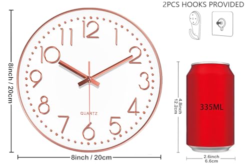 Image of Silent Wall Clocks Battery Operated 8 Inch, Analog Wall Clock with Oversized Number Tempered Glass Clock Face, Rose Gold Quartz Non Ticking Wall Clocks for Living Room Bedroom Kitchen Office