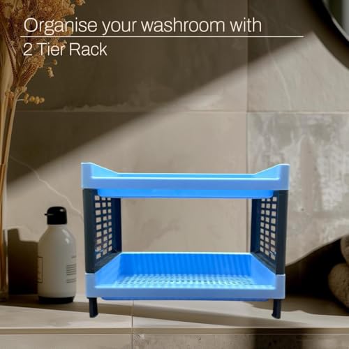 Image of C.S.M CSM 2-Tier Plastic Storage Rack, Self Standing Organizer for Kitchen and Office, Blue