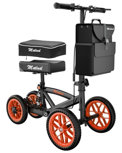 Matinal Knie Roller mit Stoßdämpfung Stabiler Knie-Rollator bis 136 kg höhenverstellbare Gehhilfe für Erwachsene nach Fuß-OP inkl. abnehmbarer Tasche & 28 cm Vorderrad (Orange)