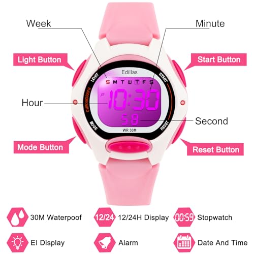 Image of Edillas Kids Digital Watch with 7 Color LED Light, Kids Toys Wristwatch, Children's Jewelry,School Gifts for Boys Girls, Built-in Battery, Long Lasting Batteries. (Light Pink)