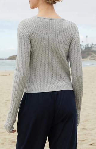Image of Cioatin Women Cute Button Down Open Front Cable Knit Y2K Crop Sweater Cardigan Long Sleeve Pullover Fall Preppy Outfits 2025 Heather Gray