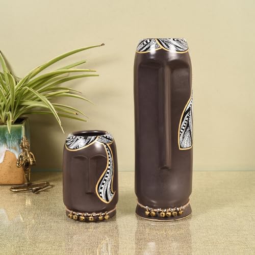 Image of Aakriti Art Creations Serenity Ceramic Decorative Vases Set of 2 | Handmade Brown Matte Finish Modern Art Flower Vases for Living Room, Room Decor, Showpieces for Home Decor Living Rooms