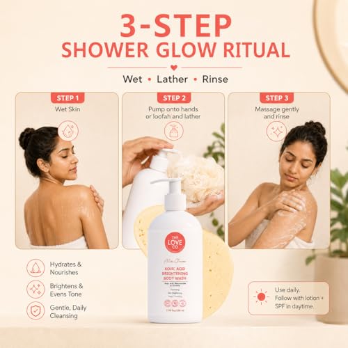 Image of The Love Co Kojic Acid Body Wash for Women & Men, Brightening Body Wash with Niacinamide & Turmeric, Hydrating Shower Gel for Tan & Dull Skin, 236 ml