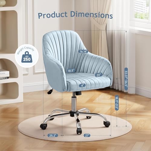 Image of AZAKEE Velvet Office Chair with Wheels & Armrests - Mid-Back Swivel Desk Chair for Home Office, Study, Bedroom & Vanity - Adjustable Height, Comfortable & Stylish (Grey)