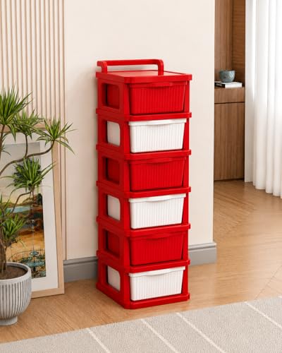 Image of JD FRESH 6 Tier Plastic Storage Drawer Cabinet with Wheels /Plastic Storage Drawer /Multipurpose Chest of Drawer /Storage Box for Living Room, Office and Home /Toys Organizer for Kids Room (Red)