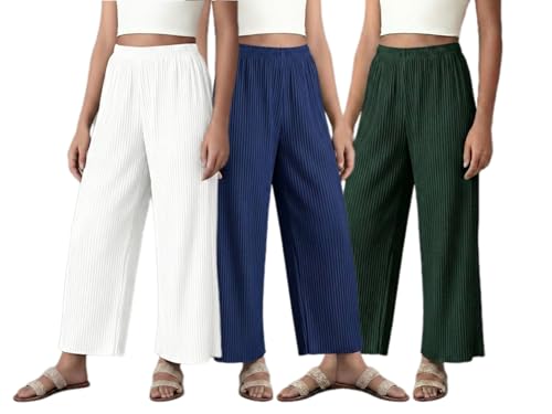 Image of Set of Combo Trouser and Pants for Girls and Women's Relaxed Fit Stretchable Regular Fit Palazzos Lightweight Elastic Waistband Bottoms for Daliy Office & Casual Wear