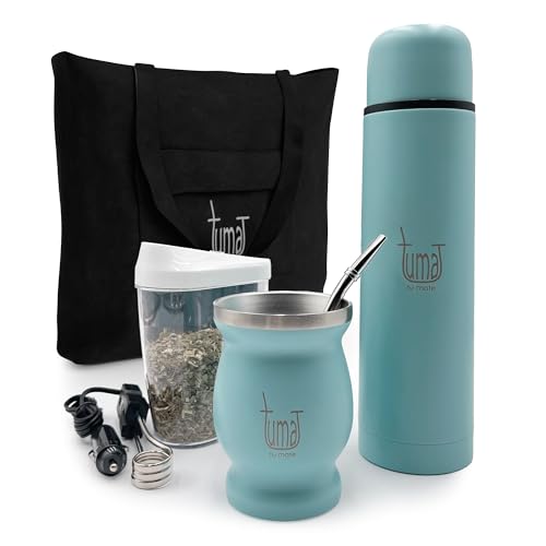 Complete Yerba Mate Kit - Includes Mate Cup, Straw (Bombilla), 750ml Thermos, Bag and two gifts (Container Yerbero and Car Immersion Heater) - Stainless Steel Yerba Mate Set (Celeste)