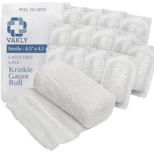 Vakly Sterile Kerlix Gauze Rolls 4.5 x 4.1 yd 6-Ply (Pack of 15) 100% Cotton Highly Absorbent Krinkle Gauze Bandage Individually Wrapped Wound Dressing