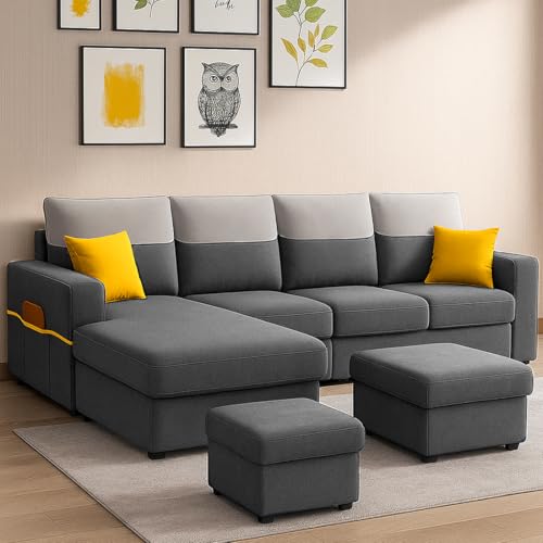 Image of Furny Tokiaa 8 Seater Fabric LHS L Shape Sofa Set with 1 Centre Table & 2 Puffy (Dark Grey) | Soft Velvet Fabric | Modern Design | Comfortable Seating | Living Room Furniture