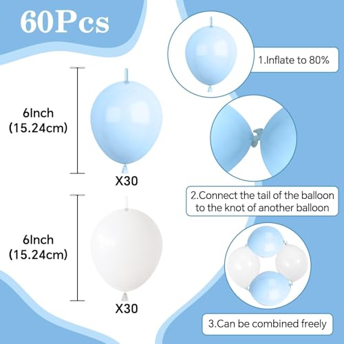 Image of Blue White Link Balloons,60Pcs 6Inch Baby Blue and White Latex Linking Balloons for Birthday Baby Shower Wedding Anniversary Party Decorations