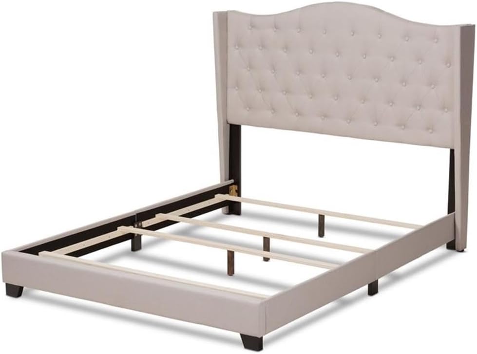 BOWERY HILL Modern King Size Bed, Upholstered Polyester Fabric, Tufted Headboard with Curved Winged Design, Beige Finish, Engineered Wood and Rubberwood Frame, Box Spring Required, 76"x80" Mattress
