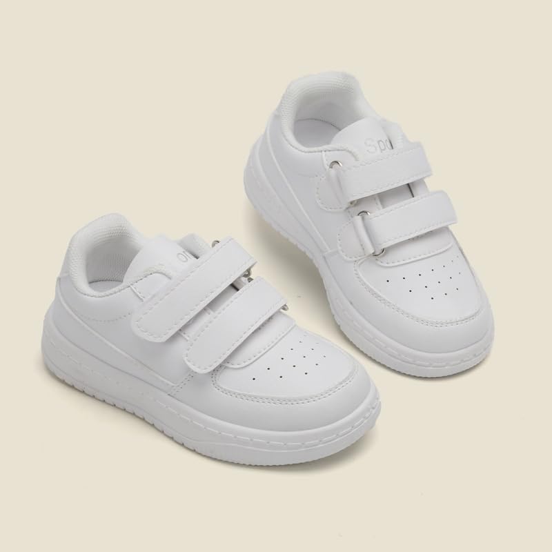 Kids White Sneakers with Hook and Loop Straps, Perforated Design, Non-Slip Sole2