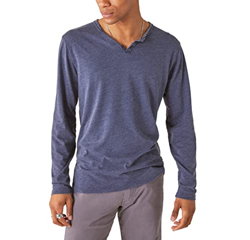 Lucky Brand Men's Venice Burnout Notch Neck Long Sleeve Tee, Black Iris, Medium