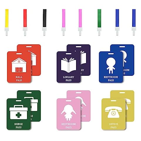 Fun-Plus 12 Pack Hall Pass Lanyards Unbreakable Plastic School Passes Set for Teachers and Classroom Supplies Including Hall Passes of Nurse, Restroom, Library, Office, School Supplies Cover
