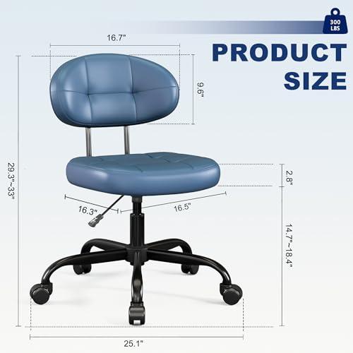 Image of Misolant Vanity Chair with Back, Small Armless Cute Office Chair with Wheels and Lumbar Support, Comfy PU Leather Desk Computer Chairs with Adjustable Height, 360Swivel for Home Bedroom, Navy Blue