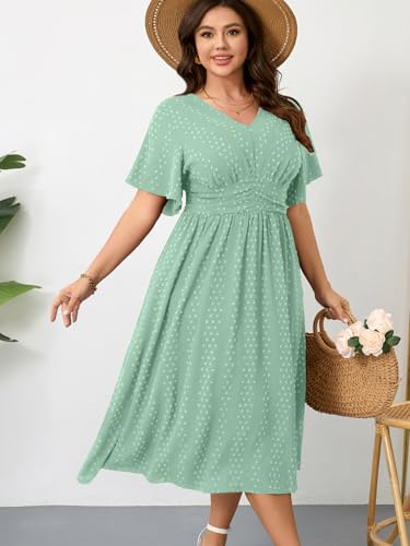 Image of RWJ Women's Plus Size Maxi Dress V Neck Short Sleeve Swiss Dot A Line High Waist Boho Swing Casual Summer Dresses