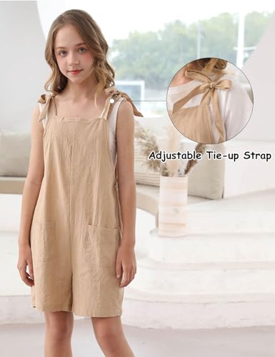 Image of Girls Romper Sleeveless Adjustable Tie-Up Strap Short Jumpsuits Summer Clothes with Pocket 5-12 years
