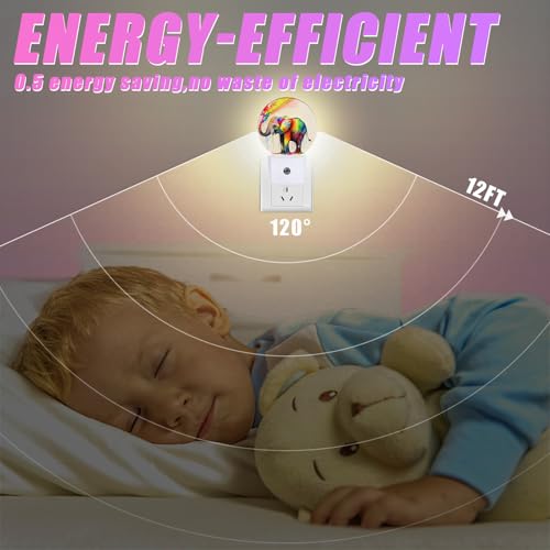Image of Colorful Elephant Night Light LED Lamp Round Plug into Wall Nightlight with Dusk to Dawn Sensor Home Hallway Stairway Kitchen Decor