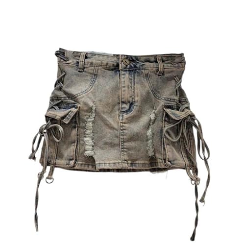 Jupe en denim vieilli taille haute pour éviter l'effet baillant à la taille