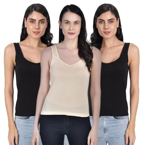 Image of Aimly Women's Regular Fit Sleeveless Cotton Camisole Slip Spaghetti | Combo Pack of 3