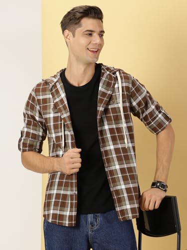 Image of Thomas Scott Men's | Checks | Full Sleeve | Regular Fit | 100% Cotton | Hooded | Casual Shirt