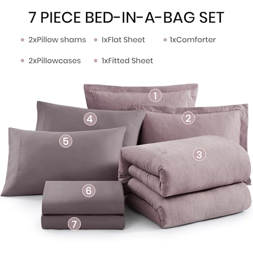 Monbix Queen Comforter Set - 7 Pieces Cationic Dyeing Lilac Bed in a Bag Queen Bedding Sets with Comforter, Sheets, Pillowcases & Shams, Reversible Bedding Comforters Sets