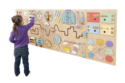 Wooden sensory wall busy board for kids, Activity wall toy for schools, library and church. Montessori Furniture for indoor playground and waiting rooms (Pastel)