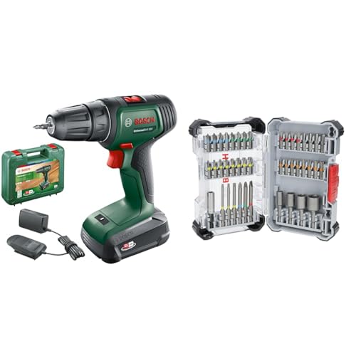 Bosch Akkuschrauber UniversalDrill 18V (2 Akkus, 18 Volt System, im Koffer) + 43x Extra Hard Schrauberbit-Set, 43‑tlg. (197 x 110,5 mm, Professional Zubehör Schraubendreher, Bohrschrauber)