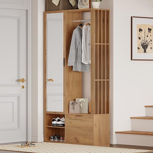 Merax Armoire de couloir moderne 100 x 33 x 190 cm - Meuble de couloir 6 en 1 avec miroir, armoire à chaussures, porte-manteau ouvert, étagère et banc -...