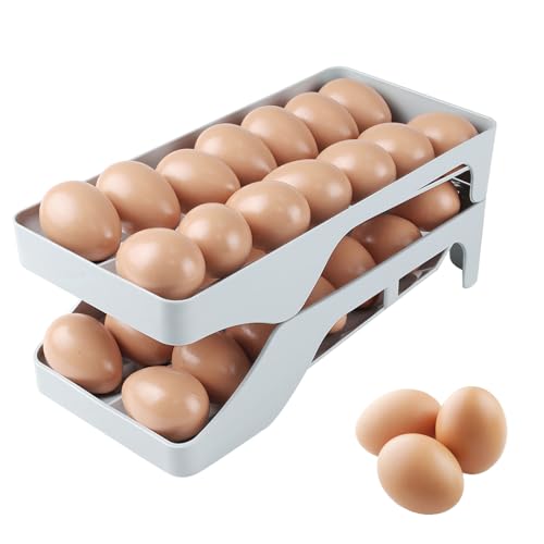 Hueveras para Frigorífico con Rodillos, Contenedor de Huevos de 2 Niveles para 28 Unidades, Hueveras Apilables de Plástico, Dispensador de Huevos Automático para Nevera, Organizador de Cocina (Gris)