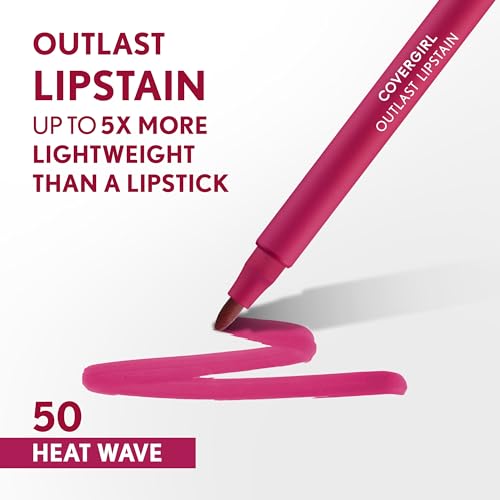 Covergirl Outlast Lipstain, 50 Heat Wave, Smooth Application, Precise Pen-Like Tip, Transfer-Proof, Satin Stained Finish, Vegan Formula, 0.06oz - image 2