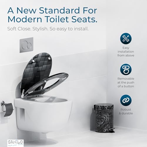 Image of Sanilo Wooden Toilet Seat with Quick Release & Soft Close [ROUND] - Decorative & Slow Close Molded Wood Seat - With One Click for Easy Installation & Cleaning - With Adjustable Fit (Cube)