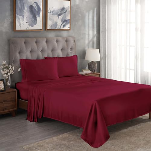 Superior Modal from Beechwood 300 Thread Bed Sheet Set, 1 Elastic Extra Deep Fitted Sheet, 1 Flat Sheet, 2 Pillowcases, Soft Cool Sheets, Sateen Weave, Bedding Essentials, California King, Burgundy