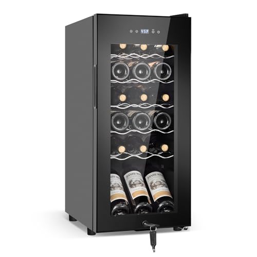 Image of Tylza 18 Bottles Wine Fridge, Wine Cellar with Powerful Compressor, LED Touchscreen, Low-E Tempered Glass Door, Lock, Wine Cooler Refrigerator for Red, White, Champagne or Sparkling Wine, Black