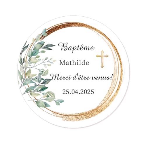 50 Etiquettes adhésives Stickers Autocollants pour baptême communion mariages,personnalisés avec nom et date pour les cadeaux de vos invités - Rd 609 (04...