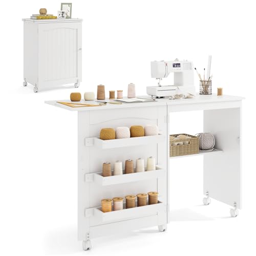 GIANTEX Armario de Costura Plegable con 5 Ruedas, Mesa de Coser con 3 Compartimentos y 1 Estante, Mueble para Máquina de Coser, Mesa Multifuncional para Manualidades, Ordenador (Blanco)